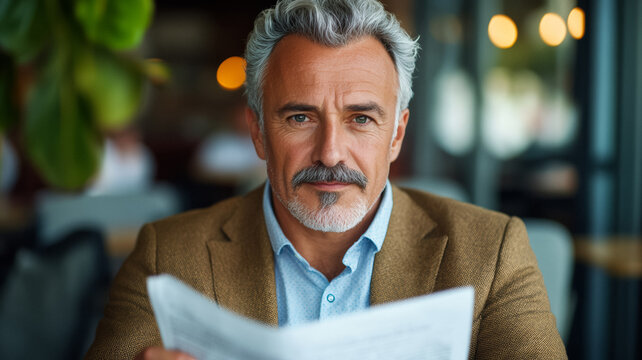 Middle aged man with a neatly trimmed mustache and salt and pepper hair sitting at a cafe reading a newspaper  - Powered by Adobe