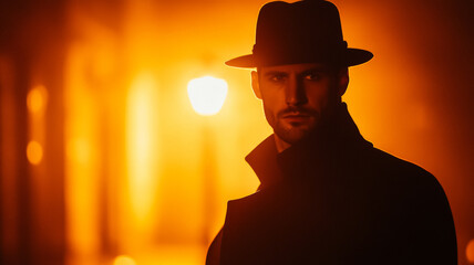 Mysterious man in a long trench coat and fedora half his face shadowed standing under a single streetlight 