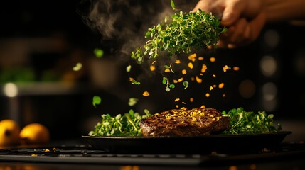 Vertical farm microgreens garnishing a labgrown steak
