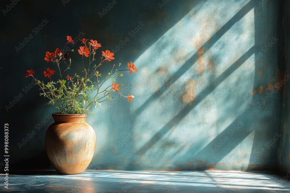 Canvas Prints A rustic brown vase with orange flowers sits in front of a teal wall with light streaming through a window.