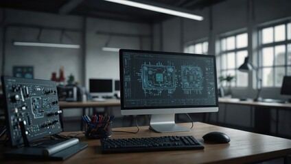 Naklejka premium Empty Workplace With Computer Monitor Display with 3D CAD Software Interface with Digital Electronic Diagram of a Circuit Motherboard Being Designed. Modern Factory Engineer's Office Concept
