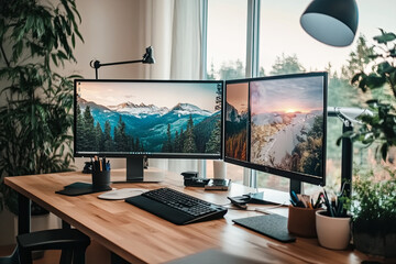 Workspace with dual monitors and a clutter-free desk