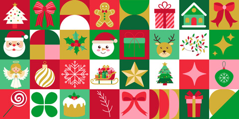 A colorful Christmas-themed image with various decorations such as a Santa hat, a reindeer, and a Christmas tree