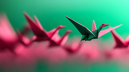Fototapeta premium Origami cranes soaring over a gradient of emerald green to magenta symbolizing new beginnings 