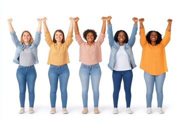Obraz premium Group of diverse women celebrating with arms raised symbolizing empowerment confidence and success in a vibrant energetic design with soft tones and clean lines