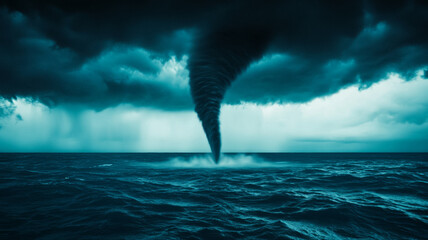 Rare waterspout tornado over a calm sea twisting column of water rising from ocean surface into a dark sky 