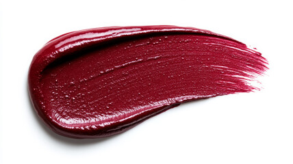 Rich burgundy lipstick smudge with soft feathered edges and glistening highlights on a matte white background 