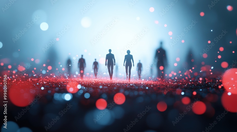 Poster a group of people collaborating in a virtual space, their avatars interacting and sharing informatio
