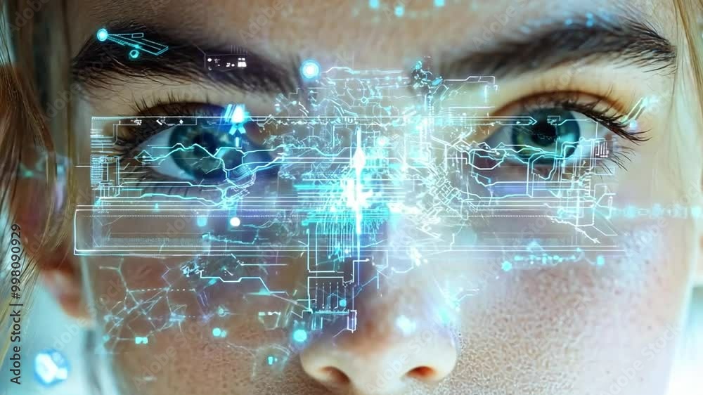 Poster a young woman focuses intently as holographic data and patterns illuminate her face in a technology 