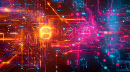 Obraz premium Neon Abstract Art with Overlapping Circuits