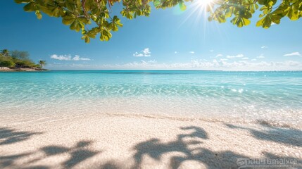 A tranquil beach with soft sand, clear turquoise water, and a gentle breeze rustling through the palm trees, offering a sense of peace and tranquility.