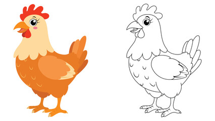Cute chicken, hen cartoon coloring page for children education