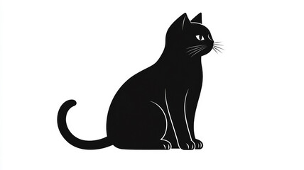 Simple outline of a Halloween black cat sitting with an arched back and pointed tail isolated on white background 