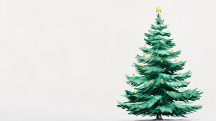 Fototapeta premium Simple watercolor Christmas tree in pastel greens with subtle golden lights set against a pale grey background 