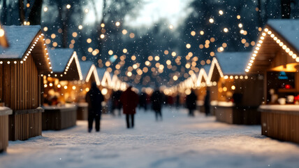 Snow covered Christmas market wooden stalls with lights people in winter clothes warm drinks festive winter atmosphere 