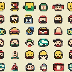 Naklejka premium Colorful pixel art characters in a seamless Video Game pattern background. AI generated image
