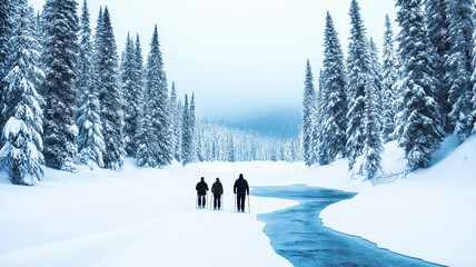 Fototapeta premium Snowshoe hikers crossing a frozen river snowflakes in the air towering pine trees vibrant winter exploration 