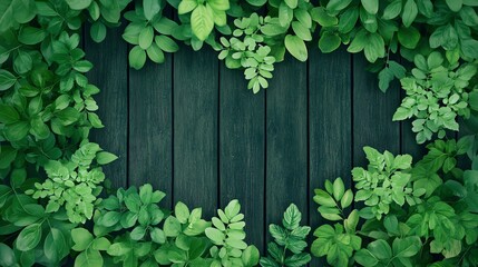 Green leaves framing a wooden background.