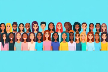 Obraz premium Group of diverse women illustrated in colorful shades representing multicultural unity friendship and empowerment through collective strength and inclusion
