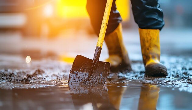 Worker shoveling mud in rubber boots