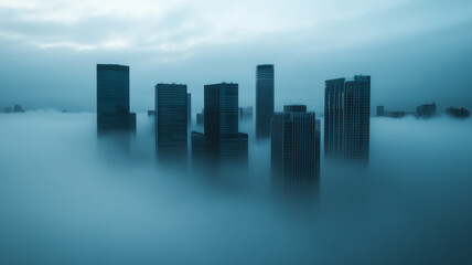 Fototapeta premium Super fog engulfing a cityscape dense mist reducing visibility with faint outlines of buildings and lights 