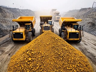 Modern day mining operation, massive machines digging into the earth, piles of raw gold ore shimmering under the harsh sunlight