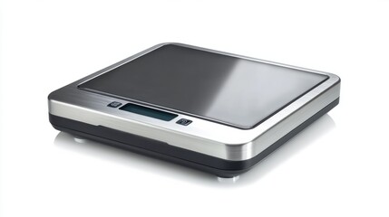 A digital kitchen scale with a stainless steel surface, isolated on a white background