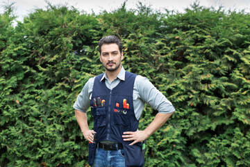 Portrait of handsome handyman in uniform with tools standing outdoors	