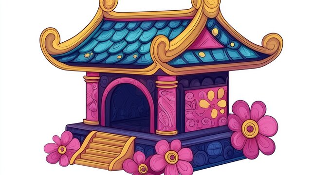 recommend clip art: Colorful Cartoon Asian Temple with Pink Flowers