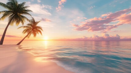 A beach scene with palm trees, crystal-clear waters, and a vibrant sunset, capturing the essence of summer vacation and relaxation. Room for text on the sky.