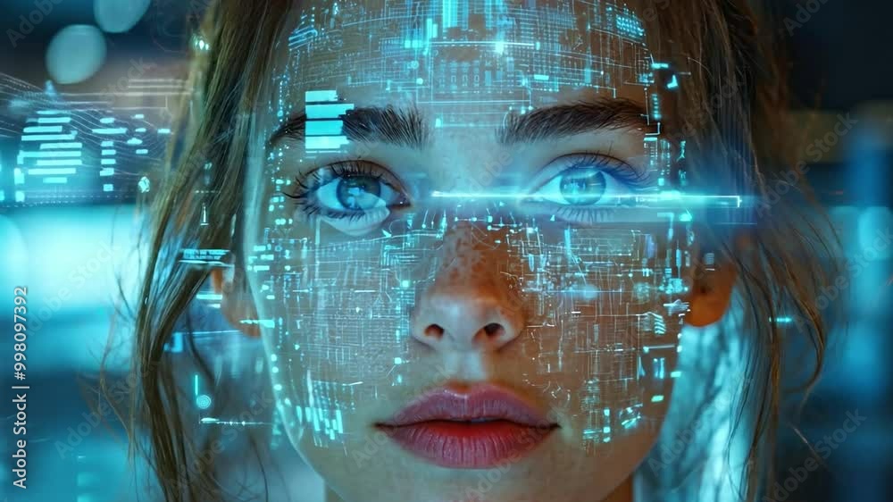 Poster The woman gazes intently as bright digital patterns illuminate her face, blending technology and artistry in a captivating display of modern innovation.