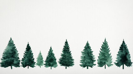 Obraz premium Watercolor scene of multiple Christmas trees in various green shades gently fading into a misty winter landscape 