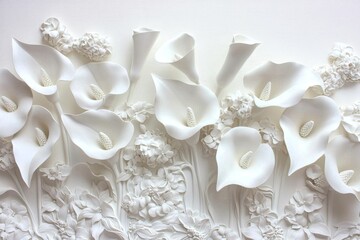 Painting on white background with stucco relief white flowers