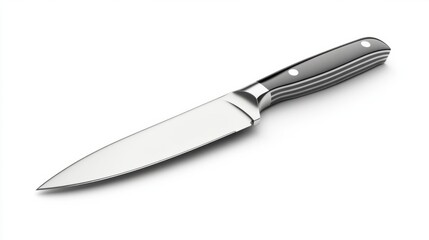 Fototapeta premium A sleek stainless steel kitchen knife with a sharp blade, isolated on a white background