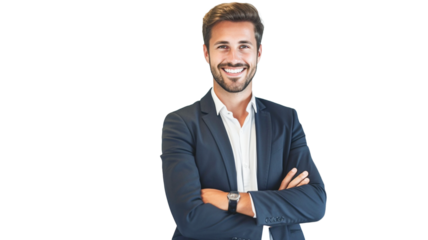 Portrait of handsome businessman in suit with crossed arms on transparent background PNG. 
