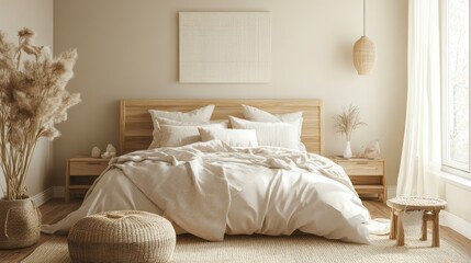 A cozy Nordic-style bedroom, featuring warm textiles, neutral colors, and wooden accents, creating a comfortable and inviting space