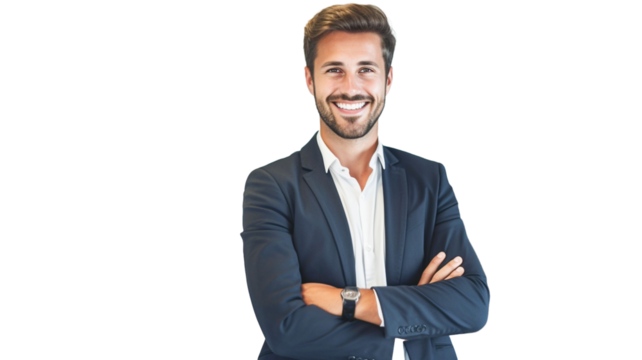 Portrait of handsome businessman in suit with crossed arms on transparent background PNG. 
