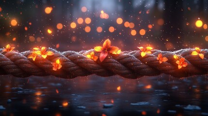 A glowing rope adorned with delicate flowers amidst a backdrop of shimmering embers and a misty twilight sky.