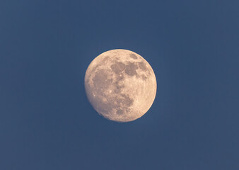 Full moon close up on blue sky background