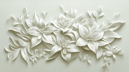 A beautiful white floral relief art decoration highlighting various flowers and leaves on a textured background with intricate details