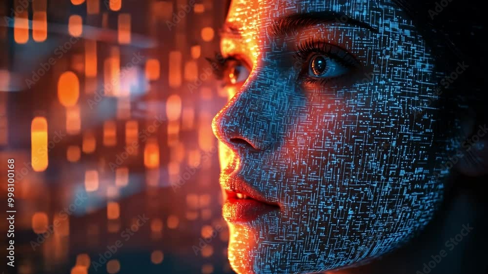Fototapete a woman gazes thoughtfully as colorful digital patterns and binary code illuminate her face in a cap