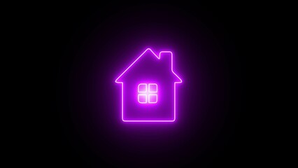 Neon House, home building animation. Glowing neon home icon with animation.