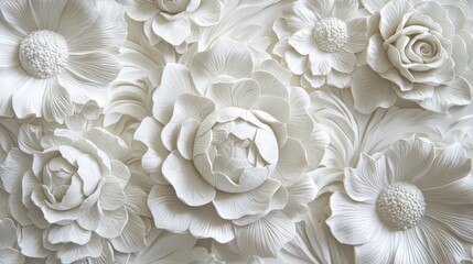 This beautiful white floral relief artwork features intricately designed roses and delicate blossoms against a soft textured background