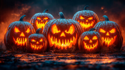 Group of Carved Jack-o'-Lanterns Glowing with Spooky Faces in the Dark