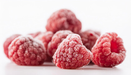 Frozen raspberries against white background. Tasty sweet berry. Organic and healthy food.