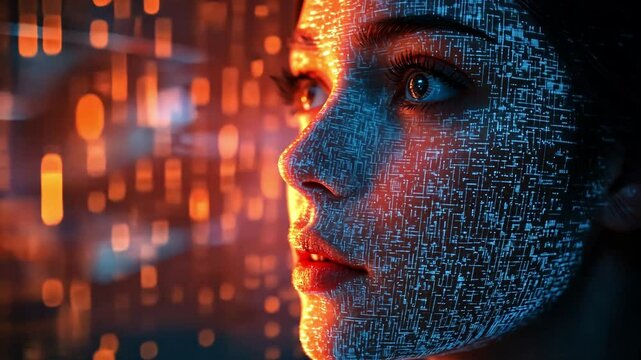 A woman gazes thoughtfully as colorful digital patterns and binary code illuminate her face in a captivating, futuristic atmosphere.