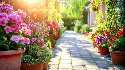Vibrant flower garden along a sunny pathway.