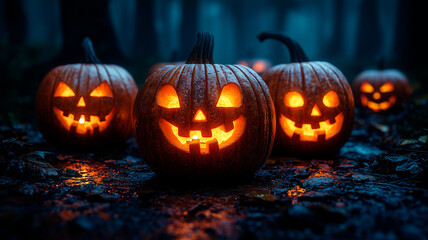 Group of Carved Jack-o'-Lanterns Glowing with Spooky Faces in the Dark