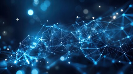 Abstract illustration featuring plexus blue geometrical shapes, representing connection and web concept, with digital communication and technology network background comprising moving lines and dots.