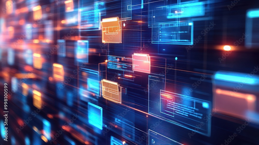 Poster abstract network grid with files and folders, futuristic software interface, digital document manage